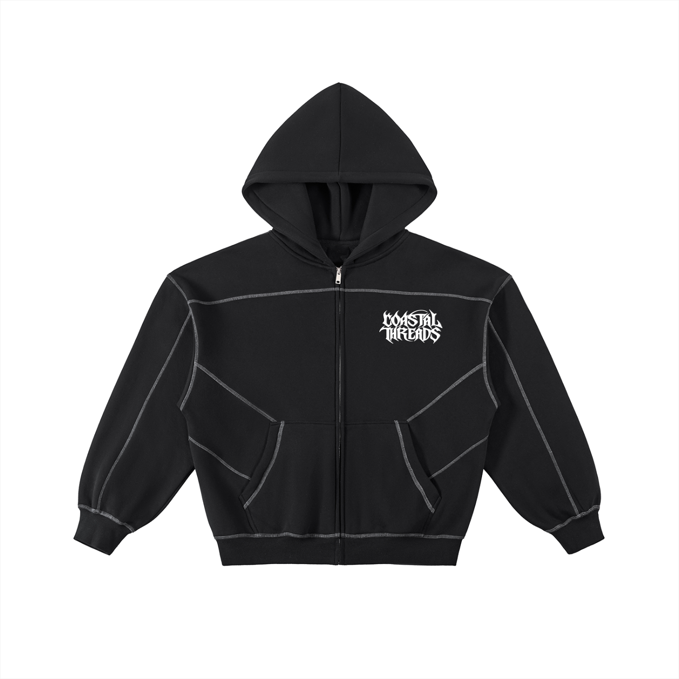 After Dark Contrast-Stitched Boxy Fleece Zip Hoodie (Static Set)